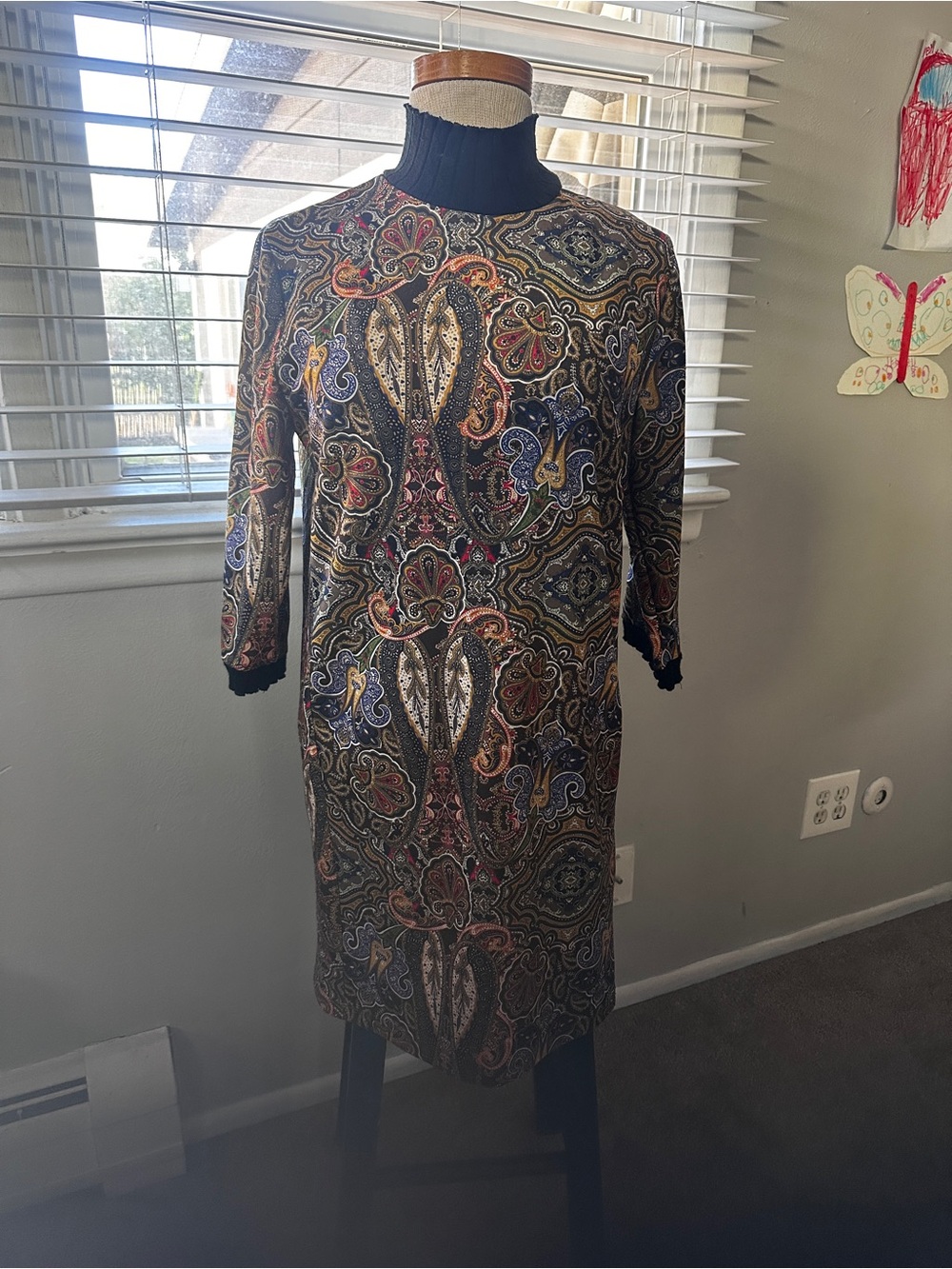 Zara Paisley Print 1/4th Sleeve Knit Dress - Black Multicolor